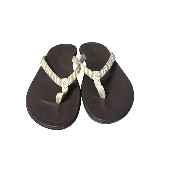 Olukai Womens Ohana Sandals Size 10 Brown & Cream Striped Comfort Flip Flops - Picture 2 of 6